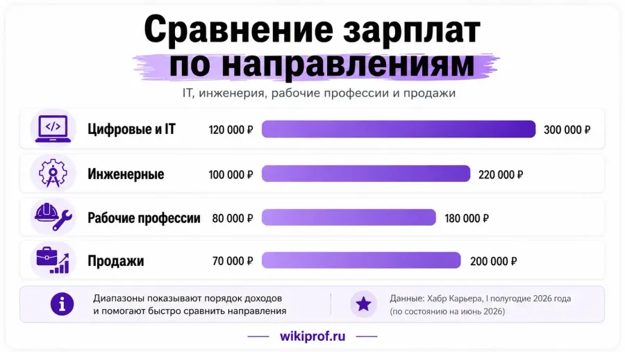 Сравнение зарплат по направлениям: IT, инженерия, рабочие профессии