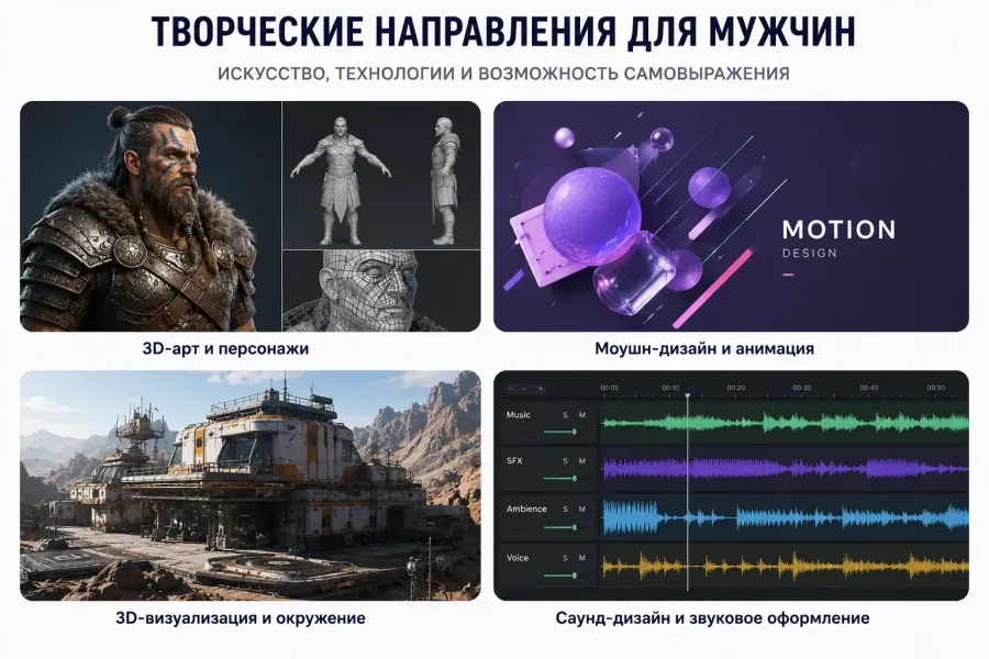 Творческие профессии для мужчин: 3D-художник, моушн-дизайнер, саунд-дизайнер