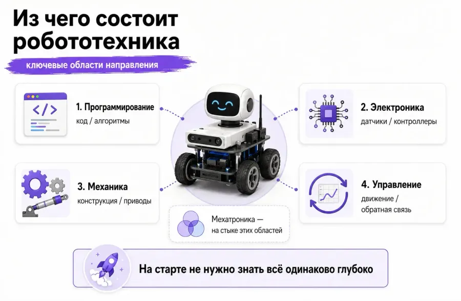 Робототехника объединяет программирование, электронику, механику и управление